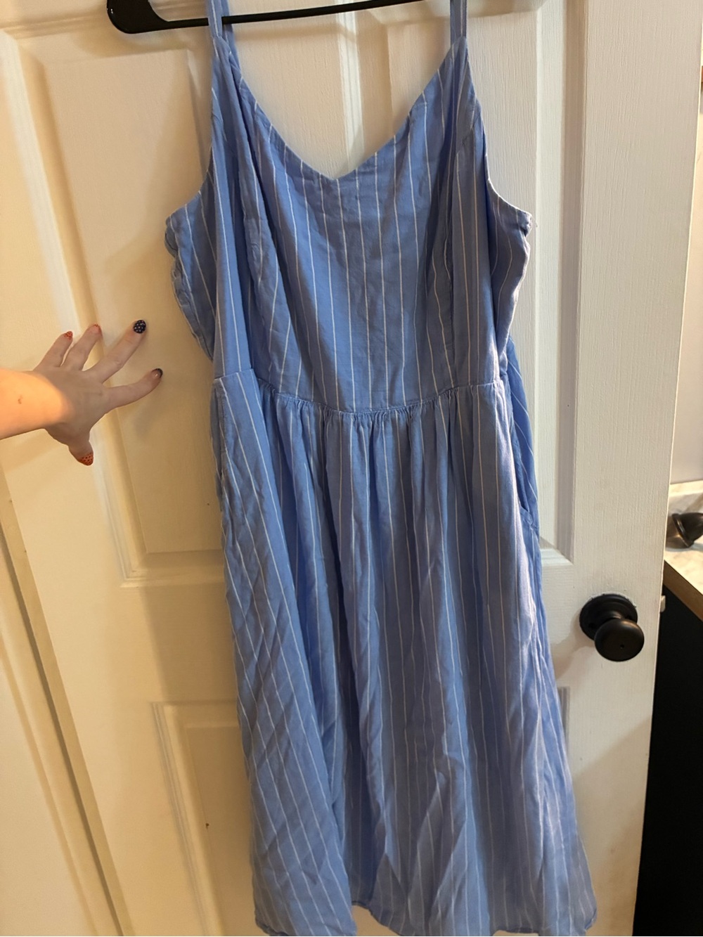 Old Navy Blue Stripe Midi Dress XL Smocked Back Pockets Adjustable Straps